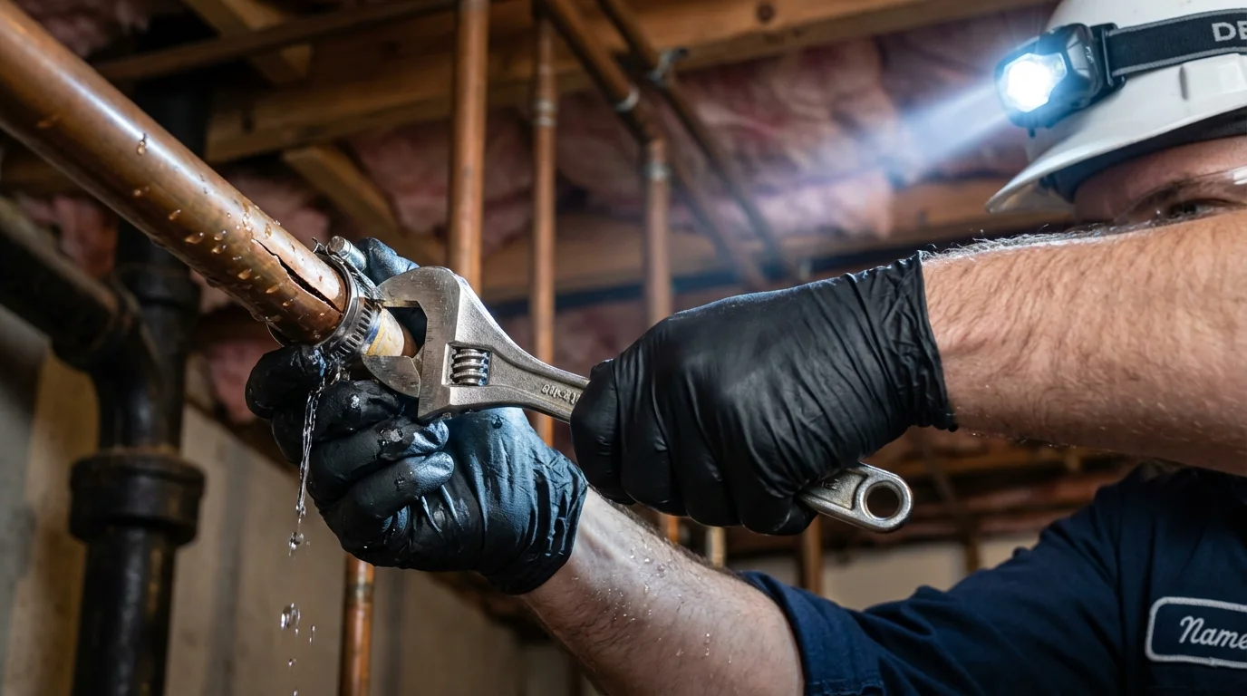 Emergency pipe clamp repair being performed by a Johns Plumbing LLC plumber in Gruver