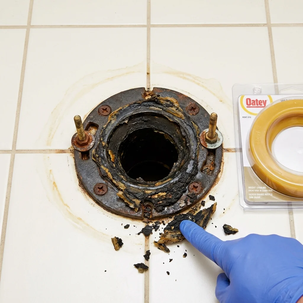 Failed wax ring showing water seepage at the base of a toilet in a Gruver, TX home