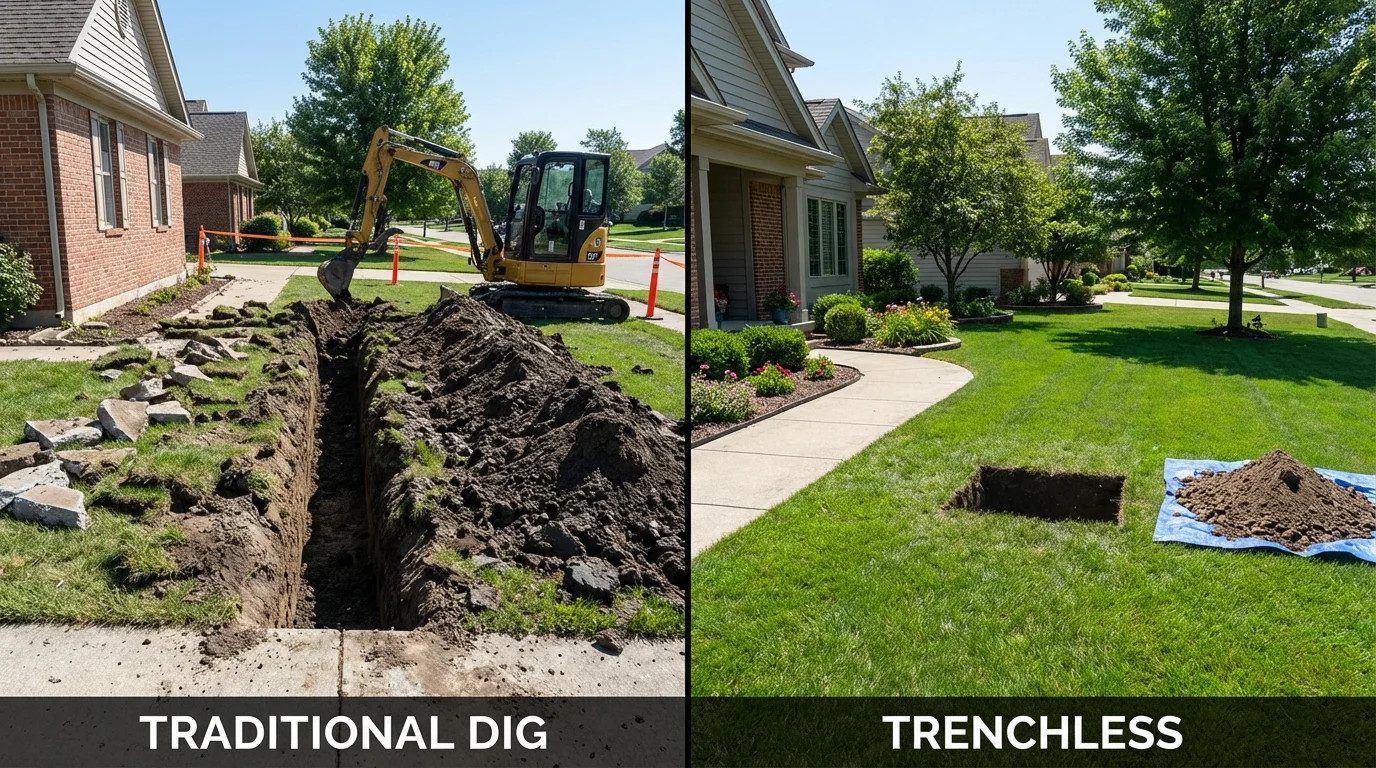 Trenchless sewer repair with minimal yard damage versus traditional excavation in Gruver, TX