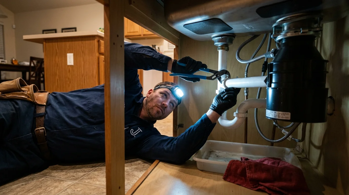 P-trap and supply line connections under a kitchen sink showing a common leak point in Gruver, TX